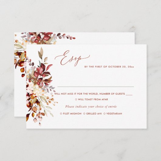 エレガント錆オレンジ秋ユーカリプトゥス、食事RSVP 招待状 (正面/裏面)