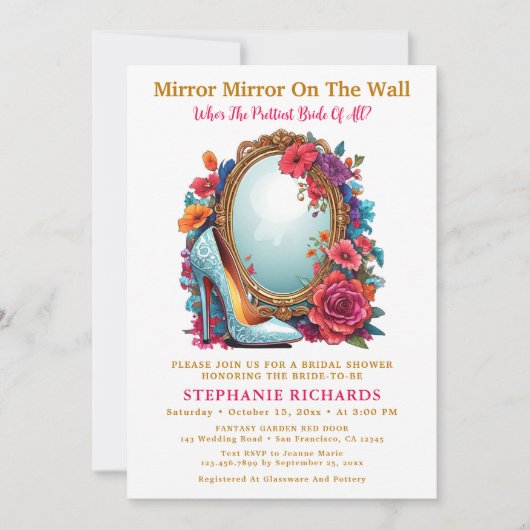 エレガント鏡シューズフローラブライダルシャワー 招待状 (正面)