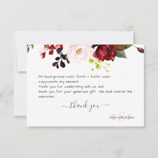 エレガント開花素朴ブルゴーニュ赤面 サンキューカード (裏面)