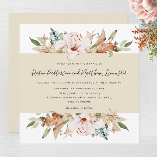 エレガント開花自然バターベージュスクエア結婚ズ 招待状