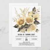 エレガント開花金ゴールドとブラック誕生日 招待状 (正面/裏面)
