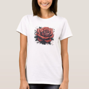 エレガント開花:スタイル化されたバラスケッチT型 Tシャツ
