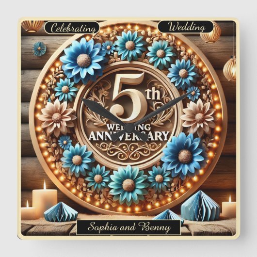 エレガント開花:5周年記念フローラ取り決め スクエア壁時計 (正面)