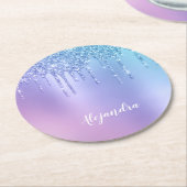 エレガント雛スタイリッシュ青と紫のグリッターの流れ ラウンドペーパーコースター (アングル)