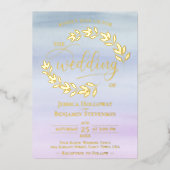 エレガント離れ金ゴールドオンDusty Blue & 薄紫結婚 s 箔招待状 (正面)