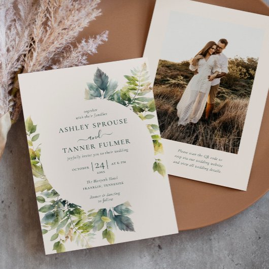 エレガント離れGREENERY QRコード写真結婚s 招待状