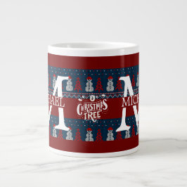 エレガント雪だるまモダンモノグラムのクリスマス ジャンボコーヒーマグカップ