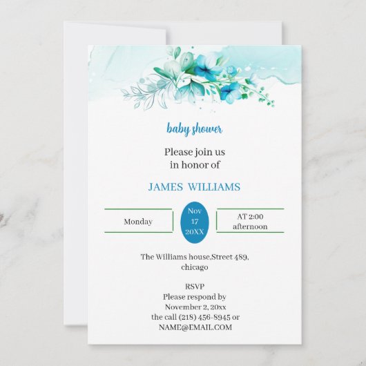 エレガント青い花カスタマイズの赤ちゃん 招待状 (正面)