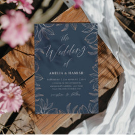 エレガント青とバラの金ゴールドの結婚葉 招待状