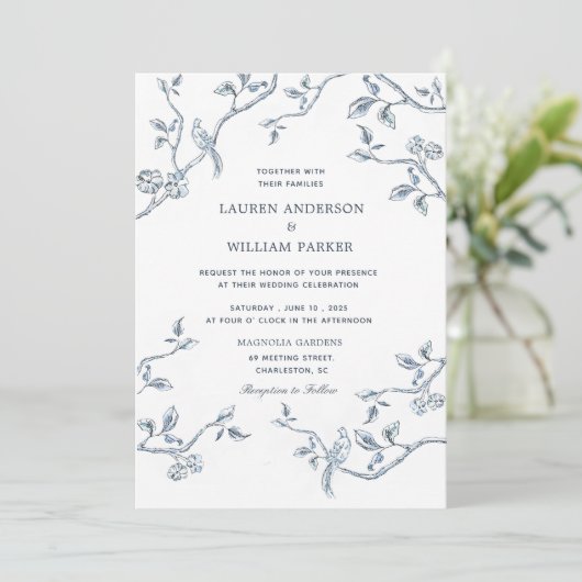 エレガント青と白のフランスのトイ結婚ル 招待状 (スタンド正面)