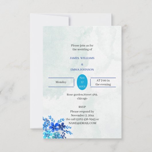 エレガント青カスタマイズ結婚花 招待状 (正面)