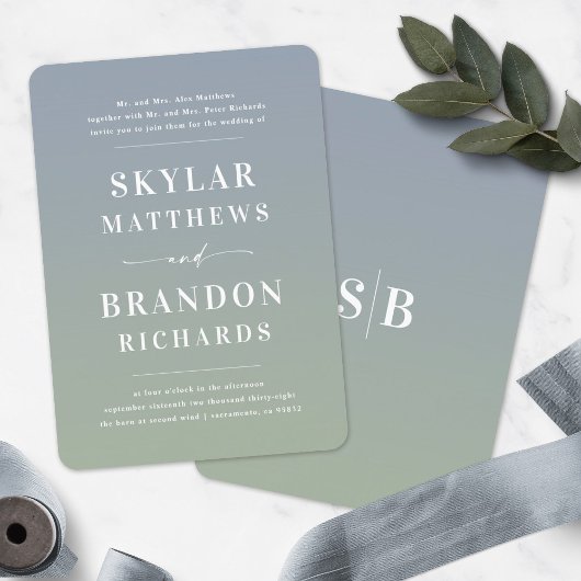 エレガント青グラデーションと緑のセミセフォーマル結婚ス 招待状