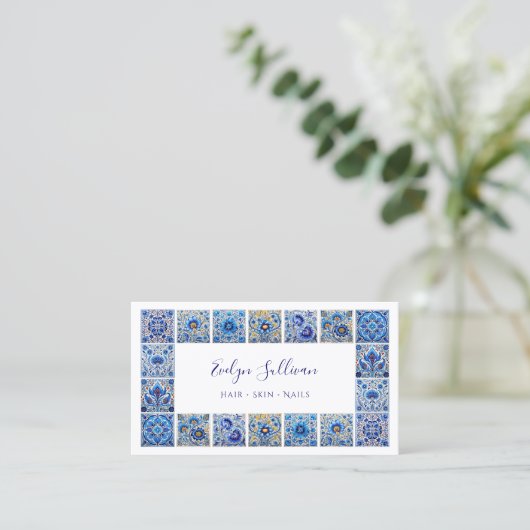 エレガント青タイル枠名刺 名刺 (スタンド正面)