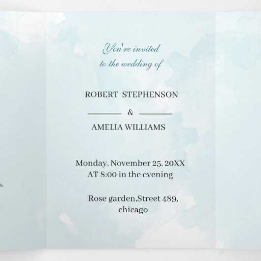 エレガント青パーソナライズされた結婚花 三つ折り招待状 (内部中)