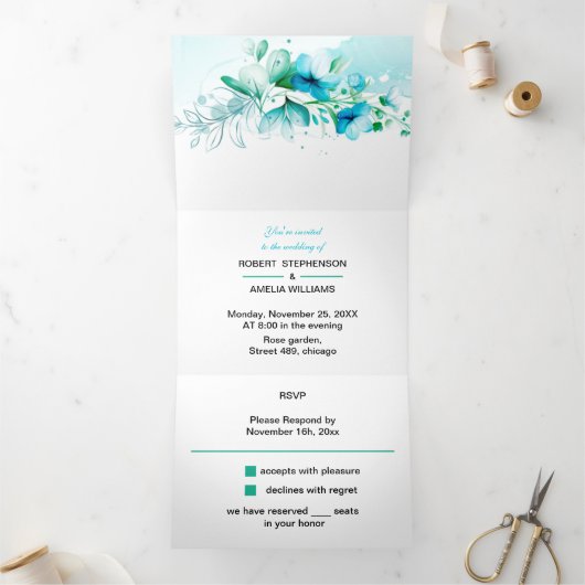 エレガント青パーソナライズされた結婚花 三つ折り招待状 (内部)