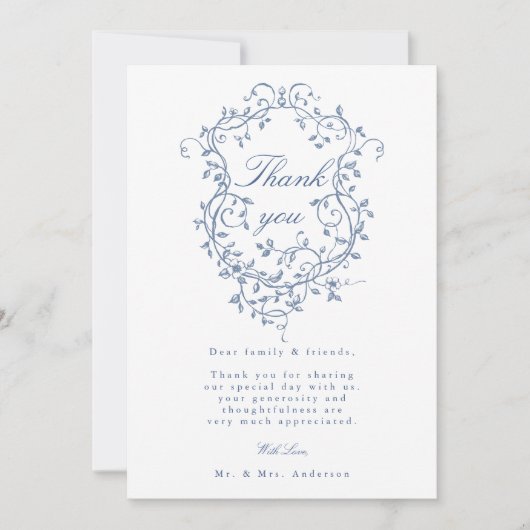 エレガント青フランスのフローラ結婚紋章 サンキューカード (正面)