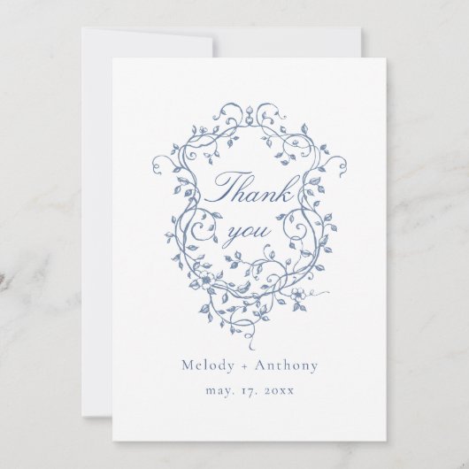 エレガント青フランスのフローラ結婚紋章 サンキューカード (正面)
