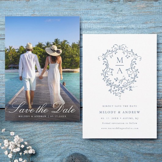 エレガント青フランスのフローラ結婚紋章 セーブザデート