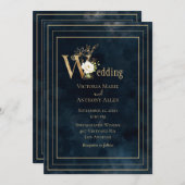 エレガント青ミニマル金ゴールドモダン結婚s 招待状 (正面/裏面)