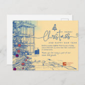 エレガント青写真クリスマスと建築 シーズンポストカード (正面/裏面)