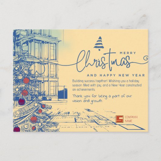 エレガント青写真クリスマスと建築 シーズンポストカード (正面)