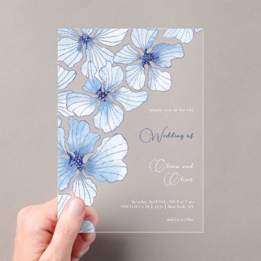 エレガント青結婚花 アクリル招待状 (インサイチュ (ポータブル))