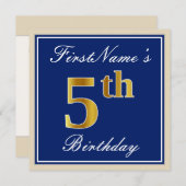 エレガント青、フェイク金ゴールド第5誕生日、名前をカスタムする 招待状 (正面/裏面)