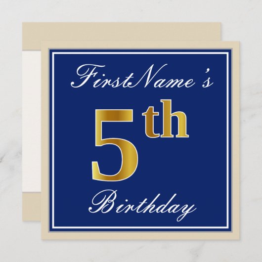 エレガント青、フェイク金ゴールド第5誕生日、名前をカスタムする 招待状 (正面/裏面)