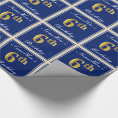 エレガント青、フェイク金ゴールド第6誕生日、名前をカスタムする ラッピングペーパー (角)