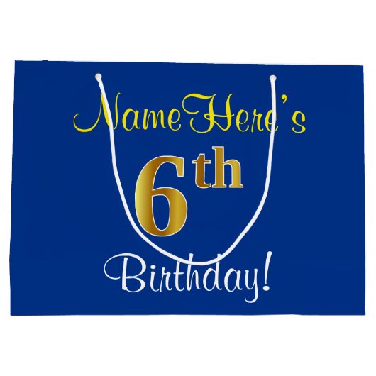 エレガント青、フェイク金ゴールド第6誕生日、名前をカスタムする ラージペーパーバッグ (裏面)