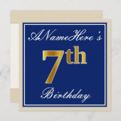 エレガント青、フェイク金ゴールド第7誕生日、名前をカスタムする 招待状 (正面/裏面)
