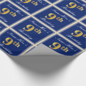 エレガント青、フェイク金ゴールド第9誕生日、名前をカスタムする ラッピングペーパー (角)