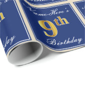 エレガント青、フェイク金ゴールド第9誕生日、名前をカスタムする ラッピングペーパー (ロールコーナー)