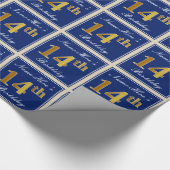 エレガント青、フェイク金ゴールド14番目の誕生日+名前 ラッピングペーパー (角)