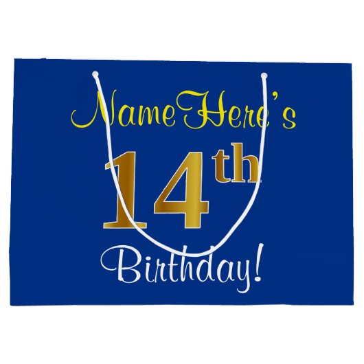 エレガント青、フェイク金ゴールド14番目の誕生日+名前 ラージペーパーバッグ (裏面)