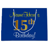 エレガント青、フェイク金ゴールド15番目の誕生日+名前 ラージペーパーバッグ (正面)