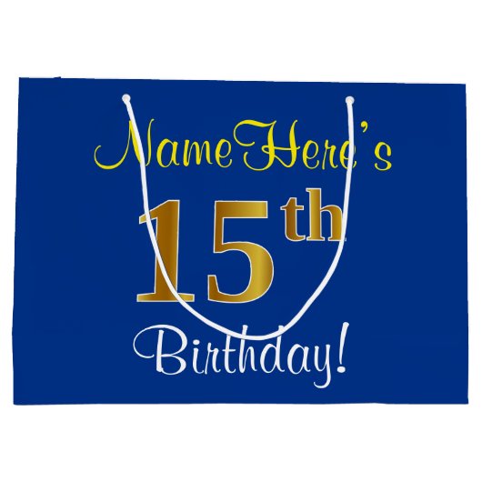 エレガント青、フェイク金ゴールド15番目の誕生日+名前 ラージペーパーバッグ (裏面)