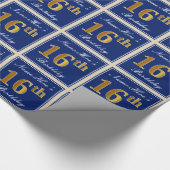 エレガント青、フェイク金ゴールド16番目の誕生日+名前 ラッピングペーパー (角)