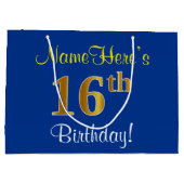 エレガント青、フェイク金ゴールド16番目の誕生日+名前 ラージペーパーバッグ (裏面)