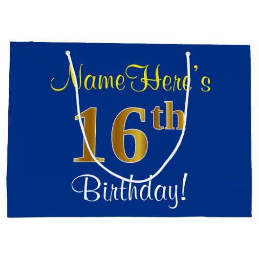 エレガント青、フェイク金ゴールド16番目の誕生日+名前 ラージペーパーバッグ (裏面)