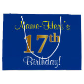 エレガント青、フェイク金ゴールド17番目の誕生日+名前 ラージペーパーバッグ (裏面)