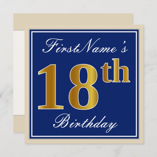 エレガント青、フェイク金ゴールド18番目の誕生日+名前 招待状 (正面/裏面)