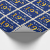 エレガント青、フェイク金ゴールド19番目の誕生日+名前 ラッピングペーパー (角)