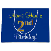 エレガント青、フェイク金ゴールド2歳、名前をカスタムする ラージペーパーバッグ (正面)