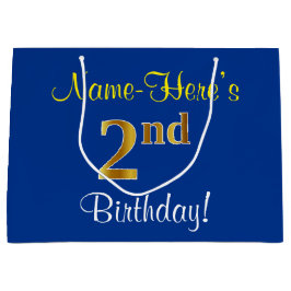 エレガント青、フェイク金ゴールド2歳、名前をカスタムする ラージペーパーバッグ