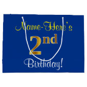 エレガント青、フェイク金ゴールド2歳、名前をカスタムする ラージペーパーバッグ (裏面)