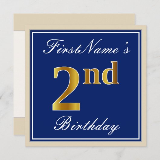 エレガント青、フェイク金ゴールド2歳、名前をカスタムする 招待状 (正面/裏面)