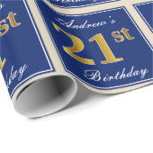 エレガント青、フェイク金ゴールド21歳の誕生日+名前 ラッピングペーパー (ロールコーナー)