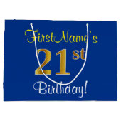 エレガント青、フェイク金ゴールド21歳の誕生日+名前 ラージペーパーバッグ (裏面)