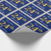 エレガント青、フェイク金ゴールド24番目の誕生日+名前 ラッピングペーパー (角)